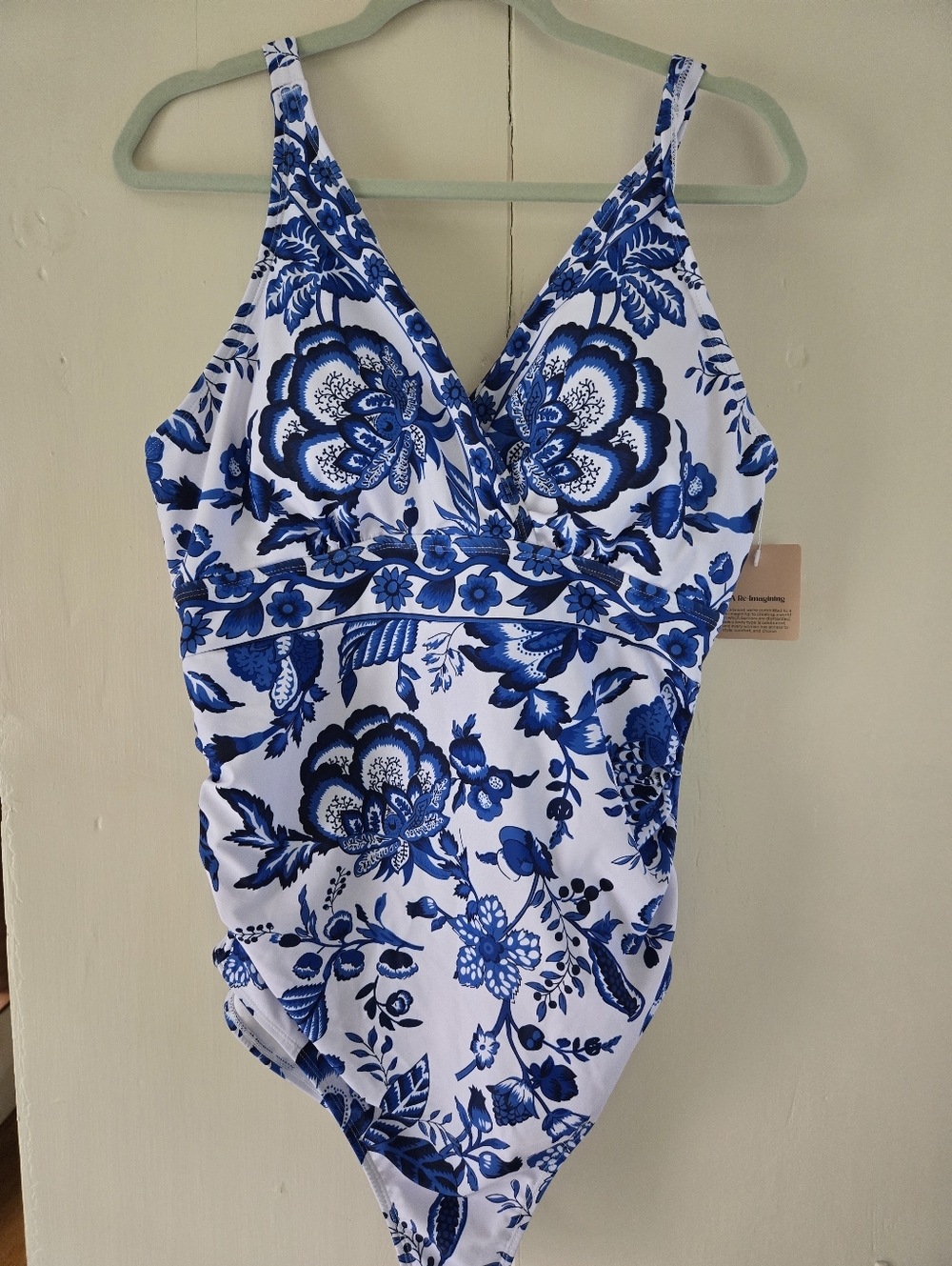 Blue & White Floral One-Piece Swimsuit With Mesh Skirt